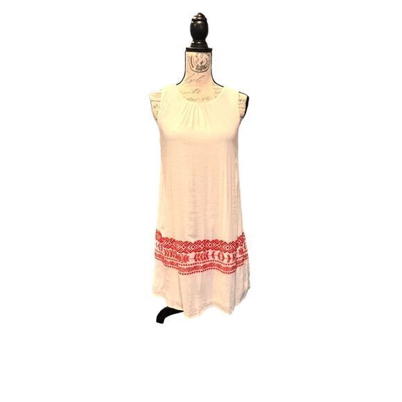 C. Puce Sleeveless Lined Dress Linen Blend Red Embroidered Trim BOHO Summer EUC‎ - Picture 1 of 16